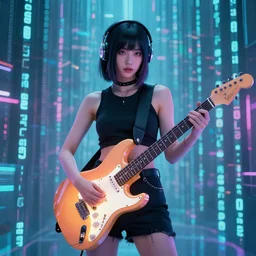 guitar girl futuristic holding lighting guitar behind a wall of matrix, cyberpunk in synthwave aesthetic, sci - fi, illustration by atey ghailan, by greg rutkowski, by greg tocchini, by james gilleard, by joe gb fenton, symmetrical features, royally decorated, organic, whirling gasses, colorful torn nebulas, radiant vibrant colors
