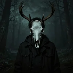 creepy screenshot from rusty lake, man wearing a deer skull, dark, disturbing, ominous