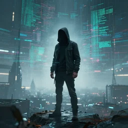 a man who hacked the simulation, digital environment, code in the sky, futuristic landscape, glitches, atmosphere, cinematic, artstation, highly detailed, art by dmitry prozorov
