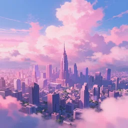 a beautiful anime style illustration of a cyberpunk town, pink and purple theme, by makoto shinkai, octane render, breathtaking clouds, blue sky, heavenly lighting, high polycut,