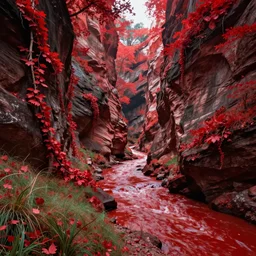 A canyon with a crimson river at the bottom of it. The grass and the trees in the canyon are all crimson colored. there are crimson vines running up the cliff's edge.