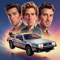 stylish caricature - 3 d vfx - drew struzan movie poster - art of a flying delorean, art style by james jean & hsiao - ron cheng, unreal engine render, digital illustration, sharp, intricate detail, volumetric lighting, ray tracing, soft light, colourful, claymation style, ernie barnes style, symmetry, acrylic on canvas, pinterest, artstation,