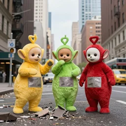 a photograph of teletubbies destroying new york