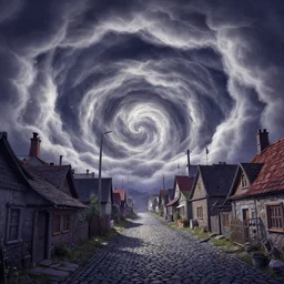 curled perspective digital art of curvy clouds in a small village with a cobblestone street by anton fadeev from nightmare before christmas