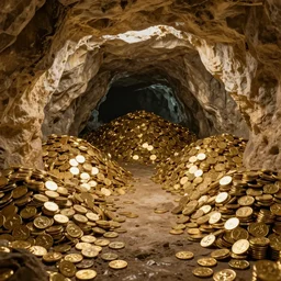 dream an underground cave with piles of gold coins in it, by roman shipunov, etienne hebinger, atey ghailan, cgsociety, cynical realism, fantasy art, 2 d game art