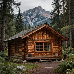 log cabin in the forest, mountain behind log cabin, realistic, cinematic, detailed