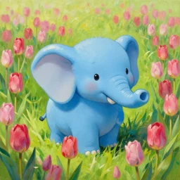 a little blue elephant on a field of tulips, anime art, high resolution 4 k, art by feng zhu and loish and laurie greasley, oilpainting