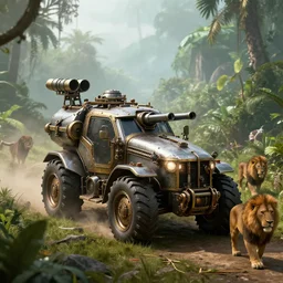 armored tractors steampunk, with cannons, rocket launcher, in a jungle valley, foggy, lions walking, octane render, volumetric, unreal engine, depth of field