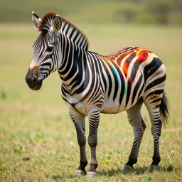 a photograph of a rainbow colored zebra, high resolution, 8 k, hdr, dynamic lighting, four legs, one head