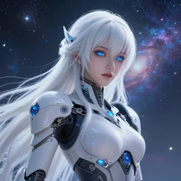 photo of a android girl on a mothership, warframe armor, beautiful face, scifi, nebula, futuristic background, galaxy raytracing, dreamy, ethereal, beauty, long white hair, blue cyborg eyes, glowing, 8 k high definition, insanely detailed, intricate, innocent, art by akihiko yoshida, antilous chao, li zixin, woo kim