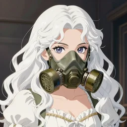 a anime woman wearing dress, detailed face, white curly hair, gas mask, by krenz cushart