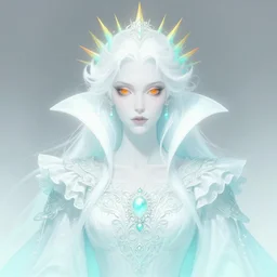 portrait of a vampire , dark fantasy, gradient white cyan, dreamy and ethereal, orange eyes, ghost, golden ratio, peaceful expression, ornate frilly dress, fantasy, intricate, elegant, rainbow spikes, highly detailed, digital painting, artstation, concept art, smooth,b sharp focus, illustration, art by artgerm and greg rutkowski and alphonse mucha