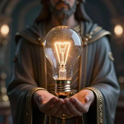 complex 3 d hyper realistic smooth ultra sharp render of god holding in his palm a ornate light bulb, elegant, majestic product, artgem, rich moody colors, octane, unreal engine, post processing, vfx, 8 k, bokeh