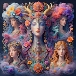 colorful liquid smoke and clouds forming faces, animal shapes and flowers, an extremely colorful psychedelic experience, dmt, psilocybin, lsd, intricate, elegant, highly detailed, digital painting, artstation, smooth, sharp focus, illustration, art by krenz cushart, hana yata, and artem demura and alphonse mucha, octane render, unreal engine, 8 k
