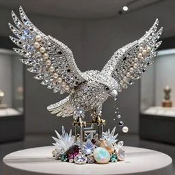 diamonds, pearls, ice crystals, opals and other various gemstones being thrown around in the shape of a hawk by hydraulic pressure, museum sculpture, 4k, high quality photograph, award-winning