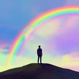 a man standing on top of a hill looking at a rainbow sky, digital art by Gabriel Dawe, pixabay contest winner, color field, digital illustration, digital painting, iridescent