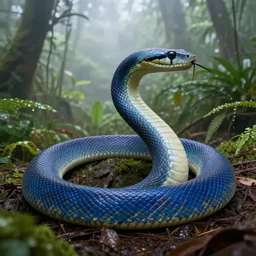 A realistic photo of a giant blue snake in a foggy jungle
