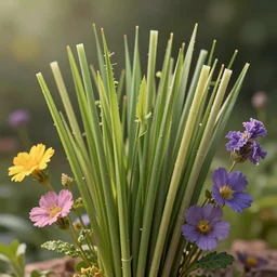 hyperrealistic photo of various grass straws and assorted flowers, photorealism, portrait photography, scanned pbr, volumetric lighting, insanely detailed, artstation, dlsr, 4 k, 8 k
