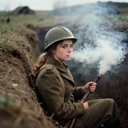 smoke,!!! colored photography, tilt shift wwi a beauty girl over a dug out trench wwi, dramatic light, zdzidaw, ultrafine, hyperrealistic, 3 2 k, 3 5 mm film still, movie