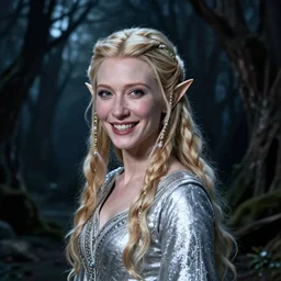 portrait of dangerous, playful, mischievous  young Galadriel (looks like Cate Blanchett) as a queen of elves, dressed in a refined silvery garment. The background is a dark, chilling eastern europen forrest.  night, horroristic shadows, higher contrasts, (((lumnious))), theatrical, character concept art by ruan jia, thomas kinkade, and J.Dickenson, trending on Pinterest