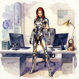 office, colorful watercolor. by rembrant, battle angel alita, ralph mcquarrie, aluminum, 1 6 6 7