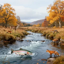 beautiful autumnal scottish river with leaping salmon and deer and foxes by tyler edlin