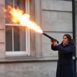 Priti Patel Weilding A flamethrower, firing it into a building, medium shot photo 8k ultrahd