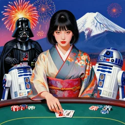 hyperrealistic composition of the detailed woman in a japanese kimono sitting at a poker table with detailed darth vader and r 2 d 2, fireworks, mount fuji on the background, pop - art style, jacky tsai style, andy warhol style, acrylic on canvas