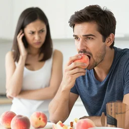 A man eating a peach while his wife looks at him angrily