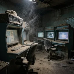 abandoned internet cafe covered by cobwebs and dust, dust particles, hyperdetailed, artstation, cgsociety, 8 k