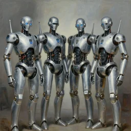 four futuristic silver robots, detailed painting, epic lighting, by ilya repin, phil hale and kent williams