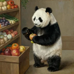 a humanoid panda buying groceries, oil painting, 1 5 th century