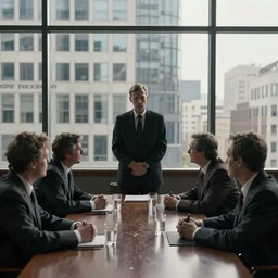 cinematic view of orwellian shadow figures arguing at a boardroom table in front of a skyscraper windows by cedric peyravernay, by dave melvin, by jorge jacinto, depth of field, sharp focus, death stranding art style, intricate, high detail, digital art, ultra realistic, cinematic lighting, artstation, 3 5 mm film grain