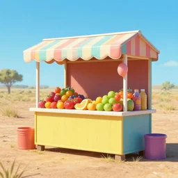 super colorful pop rock candy, fruit stand on the side of a dusty country road, dramatic outdoors, 8 k, 4 k, trending on artstation cgsociety, octane ue 5