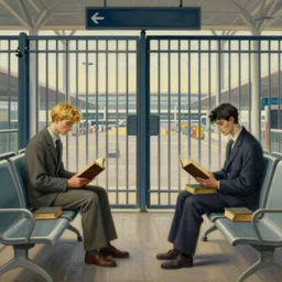 “a vibrant painting of two detailed, symmetrical! beautiful men, one man is blond, the other man has dark hair, sitting far apart in an empty gate at the airport, on both sides of an empty row of chairs, reading thick old books. In the style of Rene Magritte, a sense of melancholy”