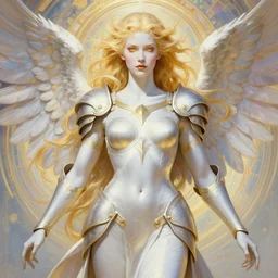 symmetry, pin - up poster of a valkyrie, skintight heavy armor, wings, heroic, celestial - themed, white skin, golden hair, golden eyes, dnd, highly detailed, two arms, detailed face, smooth, sharp focus, pastel painting, by artgerm and greg rutkowski and alphonse mucha