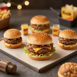 juicy burgers from a fast food restaurant, depth of field, food photography, isometric, tasty, burger, wide shot, studio, bokeh, gmaster, cooking, food, kodak, sony, canon