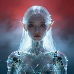 symmetry closeup portrait of a transparent cyborg girl druid, shattered glass, cinematic light, backlight glow, red sky blue, misty, by mikhail vrubel, by philippe druillet, by peter elson, by gerald brom, muted colors, ( ( extreme detail ) ), trending on artstation, 8 k