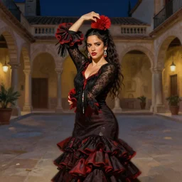 rosalia vila i tobella, the singer rosalia, highly detailed, spanish princess, flamenco dancer, highly detailed, digital painting, night scene, 1 8 th century barcelona courtyard, trending on artstation, concept art, sharp focus, by maher morcos