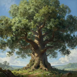 detailed painting of huge thick oak tree stretching into the infinite sky, worldtree, yggdrasil, art by artgerm and greg rutkowski and magali villeneuve, d & d, fantasy, highly detailed, digital painting, trending on artstation, concept art, sharp focus, illustration