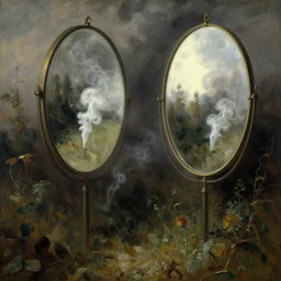 detailed landscape of smoke and mirrors by alexei savrasov, low angle, dramatic lighting, high detail and high contrast