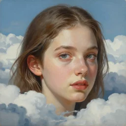 painting by krenz cushart, portrait of a beautiful girl floating in the clouds, photorealistic facial features, portrait, detailed face, ultra high details, large, close - up. trending on artstation