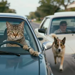 cat driving a car followed by a dog, action movie, cinematic, car chase