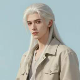 portrait of a young pale man with very long pale hair wearing a beige jacket, very handsome, light blue background, digital painting, artstation, beautiful