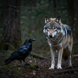 mixture between an crow and! wolf,! single - subject, photograph captured in a dark forest