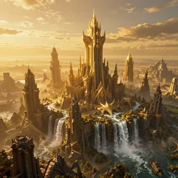warhammer style, aerial view, golden hour, at the dawn of time, golden lighting, nightmare, in a symbolic and meaningful style, dark fantasy city, waterfall, octane render, high detailed, high saturation