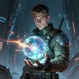 portrait sci-fi art by Craig Mullins and Raymon Swanland, a glowing alien neon glass orb floating above the hand of a soldier, solar flares, detailed and intricate futuristic environment, cyberpunk, neon color bioluminescence, transparent reflective metal, dramatic lighting, cinematic, high technology, highly detailed portrait, digital painting, artstation, concept art, smooth, sharp focus, illustration, Artstation HQ