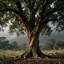 the tree has entered my hands, the sap has ascended my arms, highly detailed, cinematic lighting, ricardo bofill simon stalenhag, dramatic lighting, long shot, ground angle, uhd 8 k, shallow depth of field