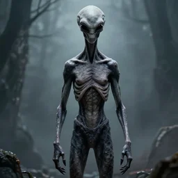 donald trump as an alien grey, tall, very thin, terrifying, grimdark, photorealistic