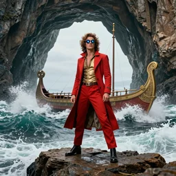 portrait photo with stylish lens effect, stylistic lighting, 1 9 8 0's sci - fi style, extremely epic, hyppereality, weta digital, octane render, a flamboyant eccentric fashionable character standing in the cliffside entrance to a cave alongside crashing dramatic ocean waves with sea foam and sea spray, an ancient greek trireme, cinema 4 d, volumetric lighting